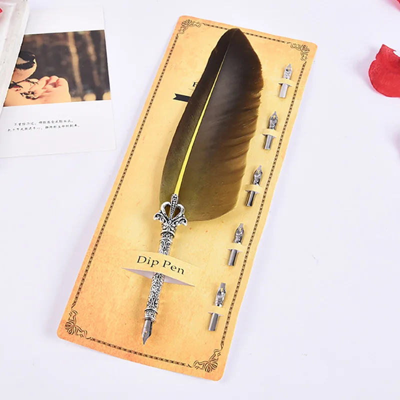 Elegant English Calligraphy Feather Dip Pen Stationery Gift Set with Quill and Fountain Pen