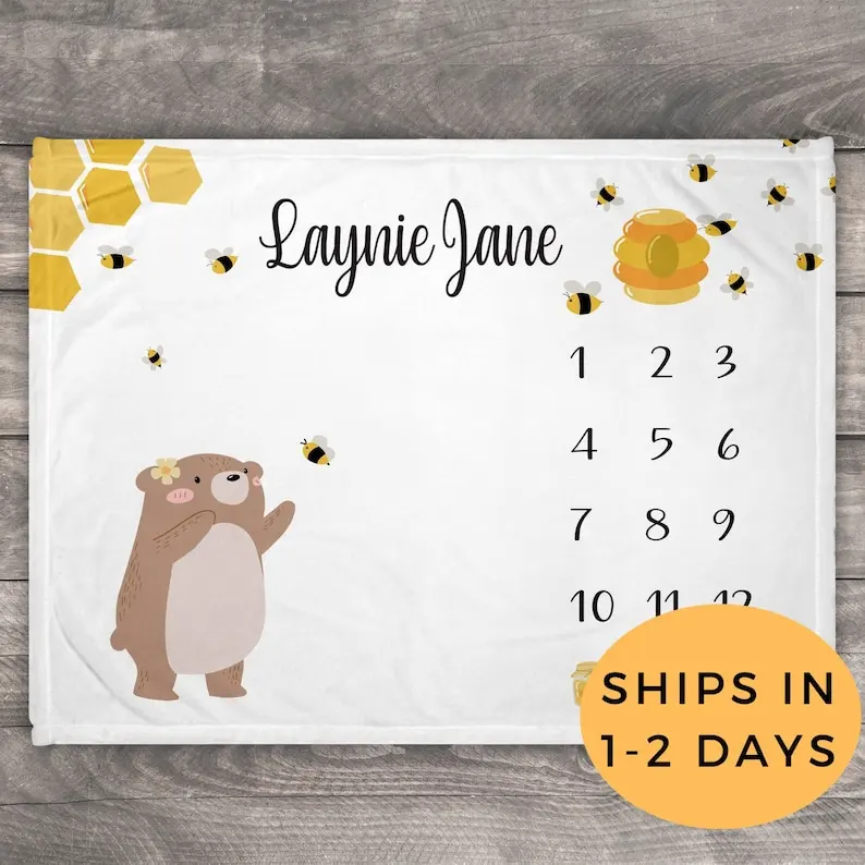 

Bear Blanket, Bee Blanket, Milestone Blanket, Boho Floral Blanket, Personalized Baby Blanket Girl, Photo Blanket, Unique Baby Sh