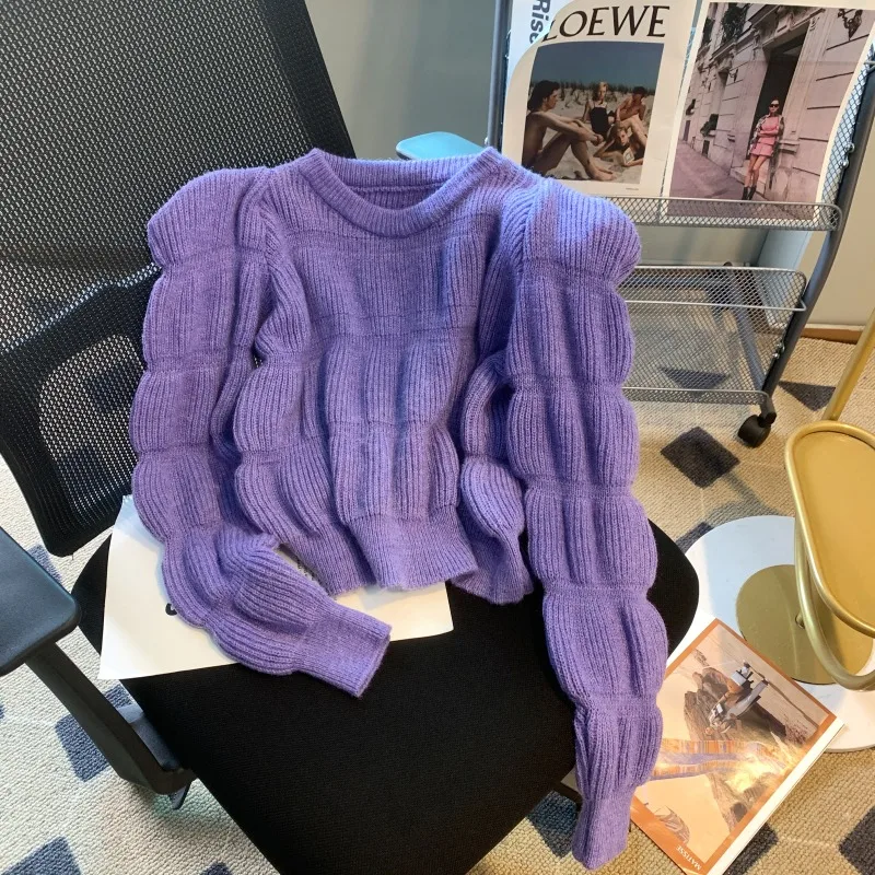 

Женский трикотажный топ, однотонный короткий топ с круглым вырезом и рукавами-фонариками, в Корейском стиле, Осень-зима 2023