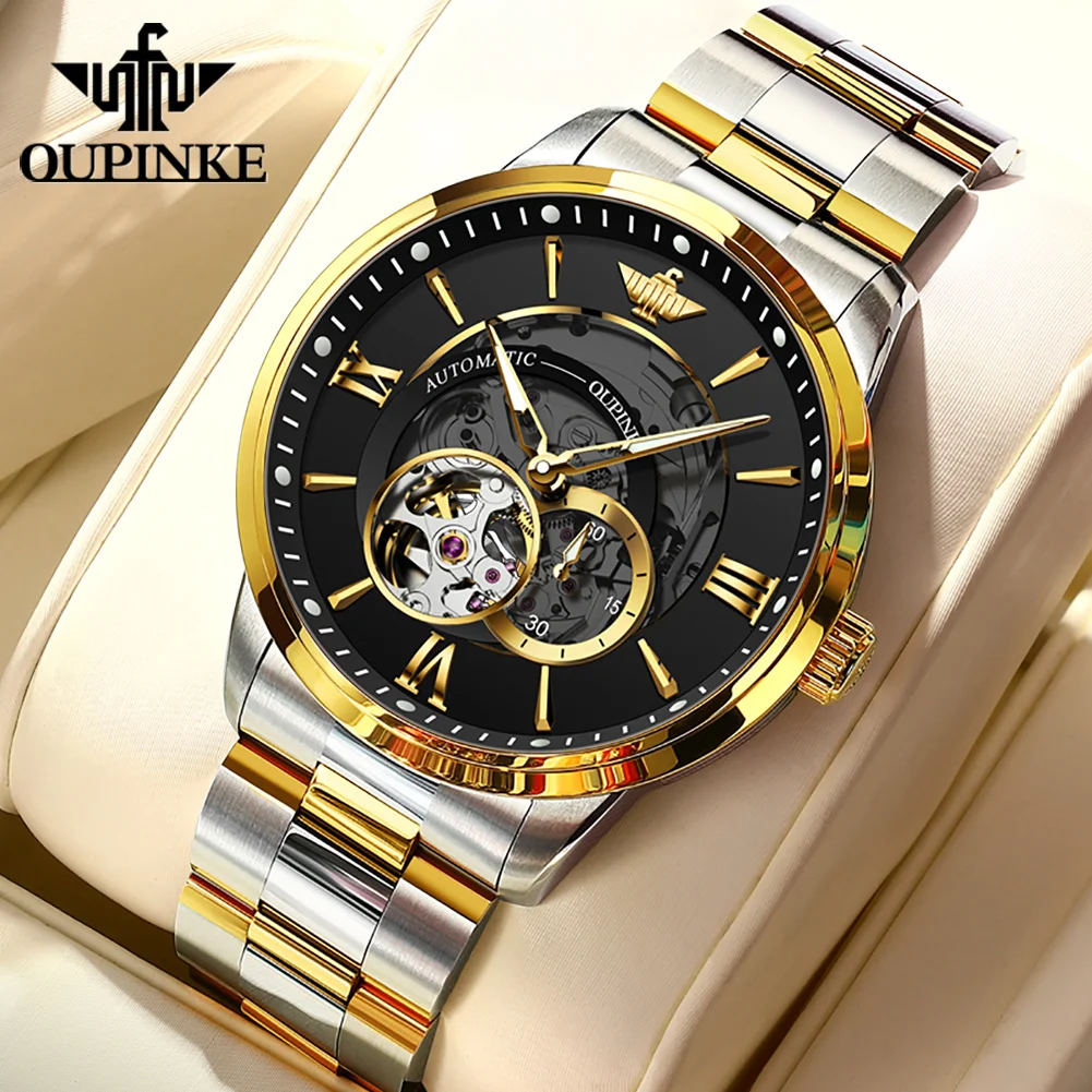 OUPINKE Original Japan Mechanical Movement Watch for Men Stainless Steel 3D Skeleton Dial Waterproof Automatic Men's Wristwatch