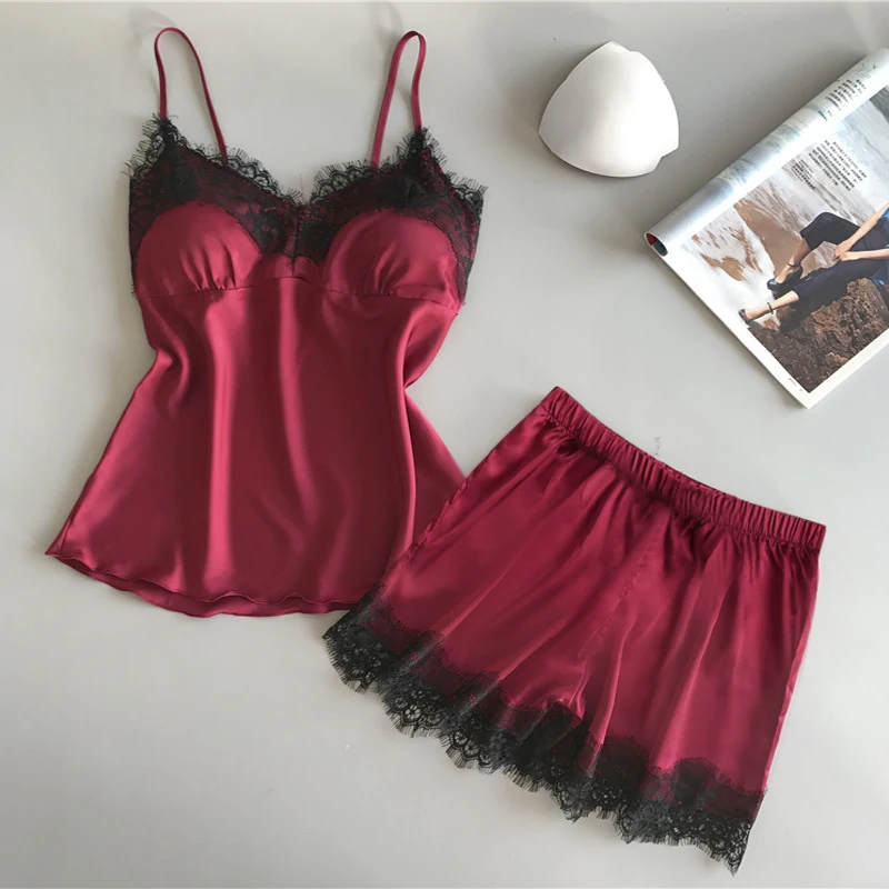 Polyester V Neck Lace Women Pajama Set