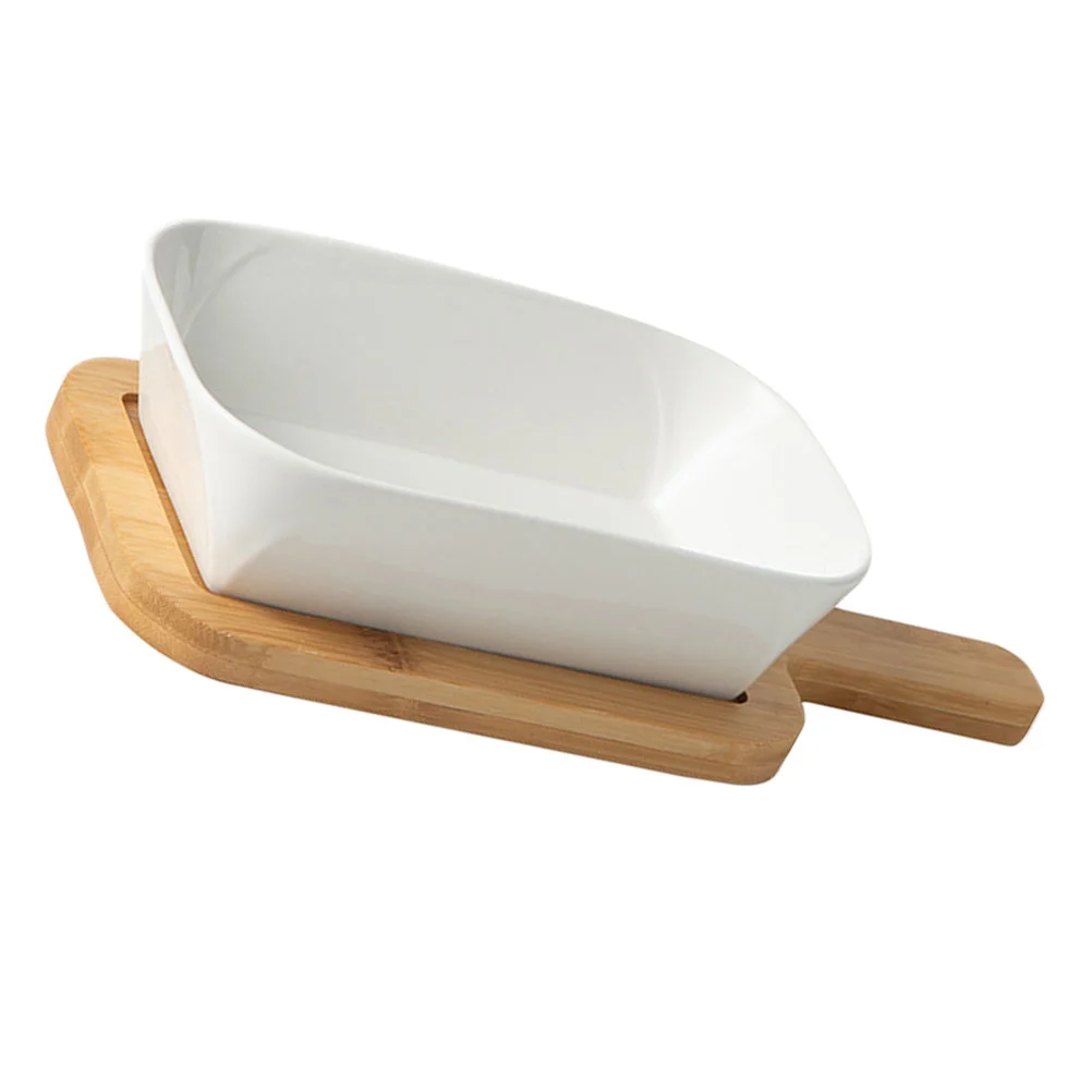 

Ceramic Baking Dish Roasting Lasagna Pan Salad Cheese Baking Pan Dessert Bowl With Wooden Base Kitchen Baking Tools