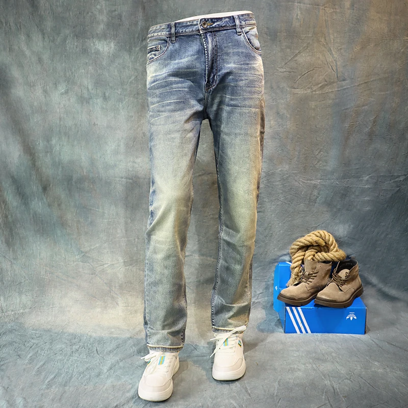 Italian Style Fashion Men Jeans High Quality Retro Blue Stretch Slim Fit Ripped Jeans Men Vintage Designer Casual Denim Pants