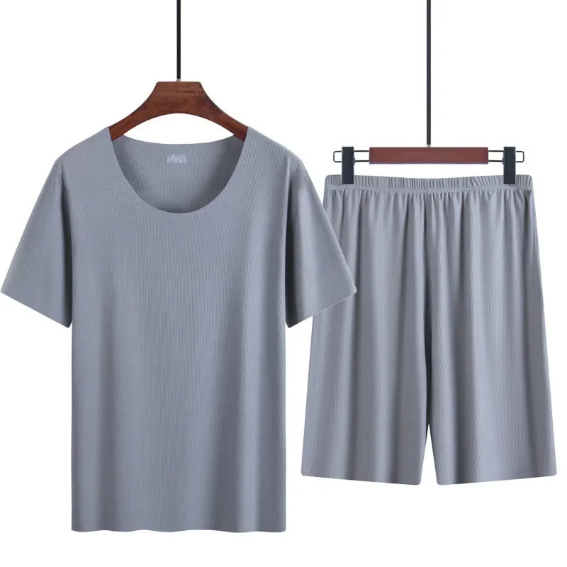 Men's two-piece ice silk pajamas Loungewear men's Plus Size Pajamas Home Set Men's summer thin modal short sleeve pajamas - Image 2