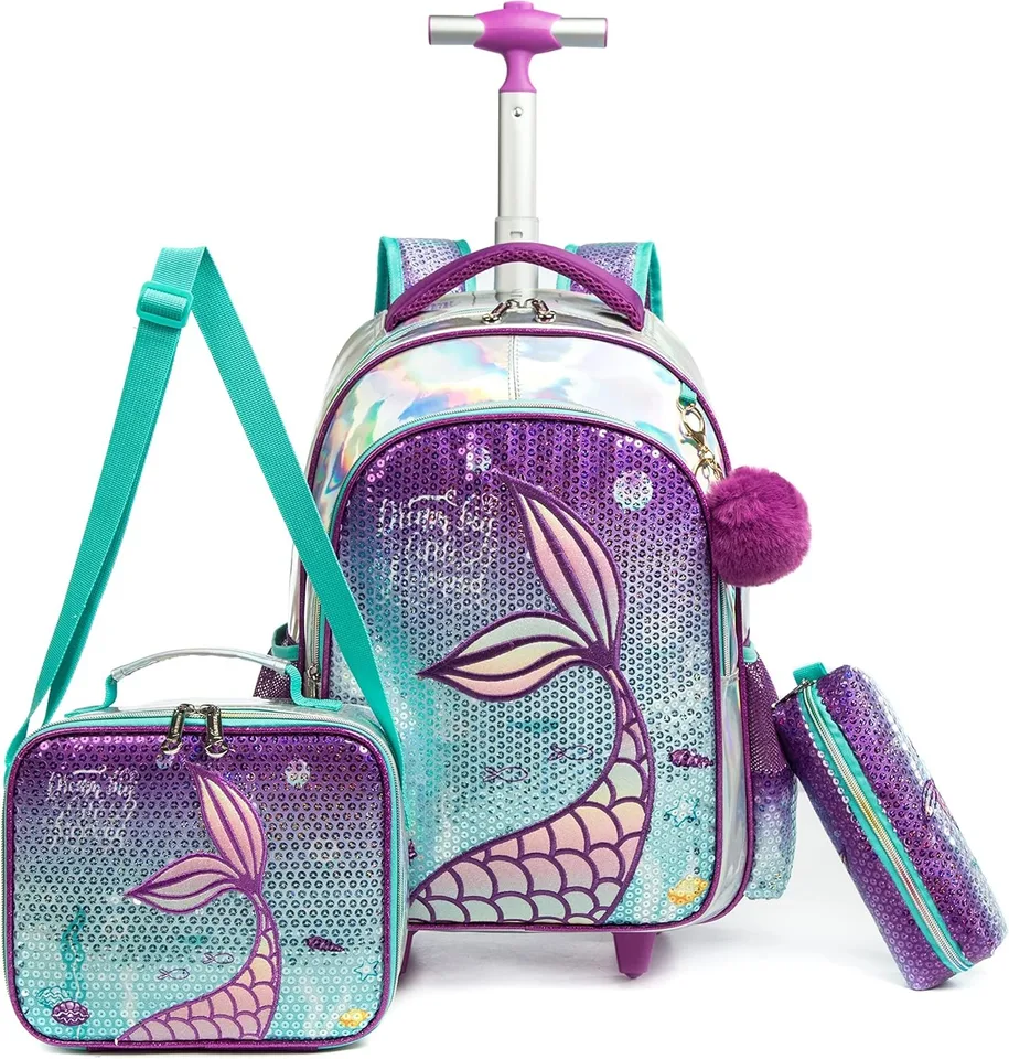 Mermaid Themed Rolling Backpack with Lunch Box