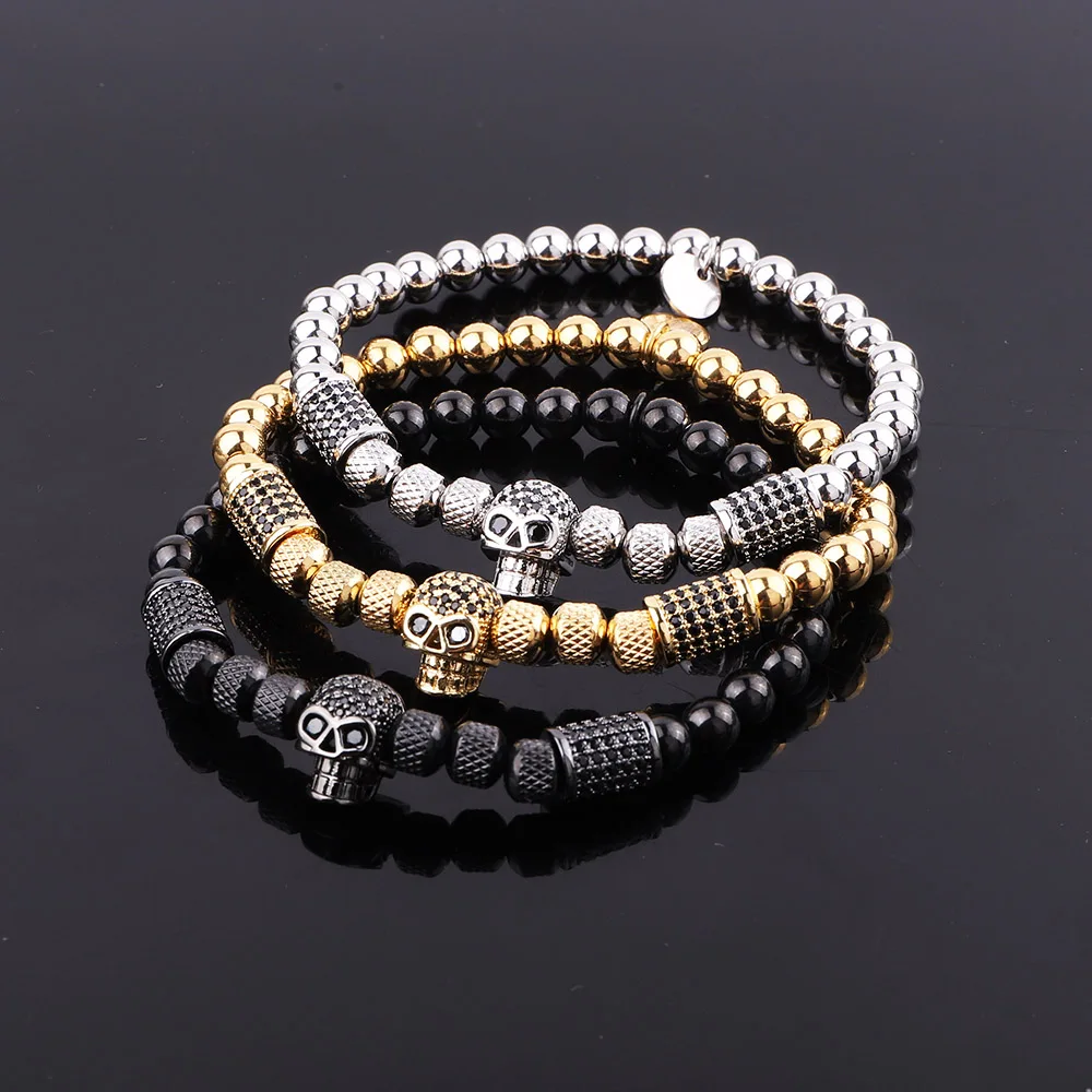 New Fashion Luxury CZ Pave Skull Charm Stainless Steel Beads Stretch Bracelet For Men Jewelry