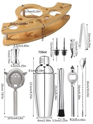 Premium Stainless Steel Cocktail Shaker for Bartenders - Ideal for Mixing Martinis and Party Drinks (550ML/750ML) (B 750ml 11pcs)