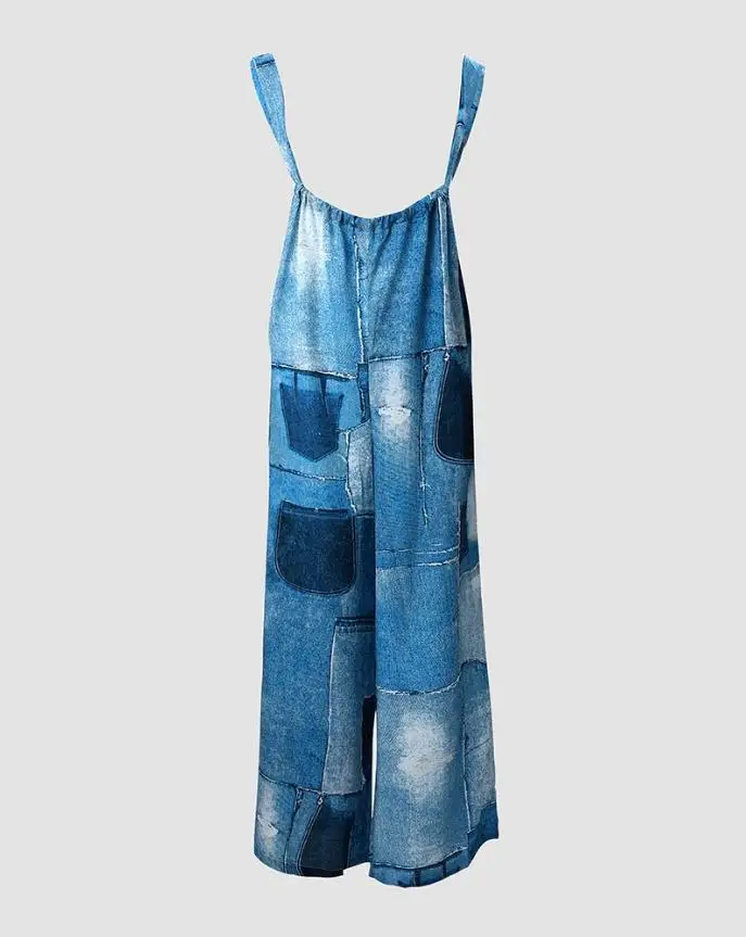 Women's New Spring and Summer Casual Wide Leg Pocket Denim Look Print Wide Leg Suspender Jumpsuit