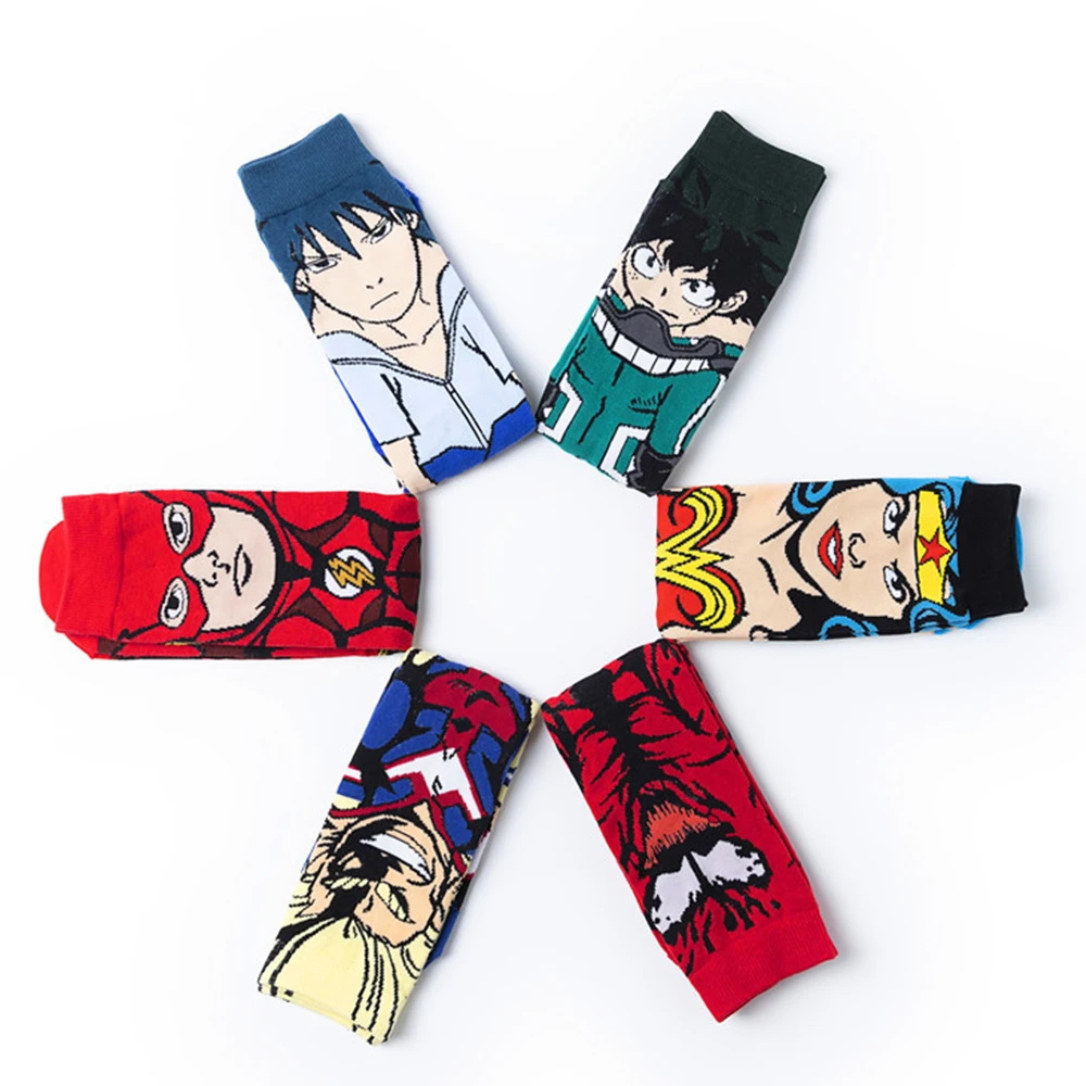 3Pairs Funny Anime Socks Male Fashion Cartoon Character Super Hero Hip Hop Comfort Sport Skateboard Happy Man Woman Cotton Socks