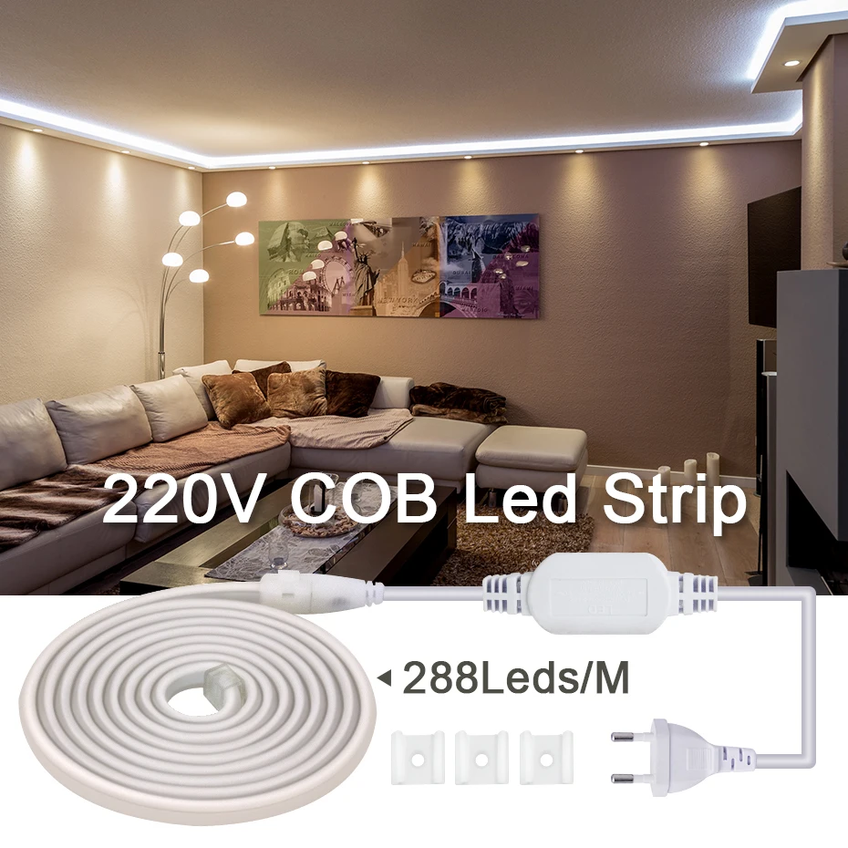 

Super Bright 220V COB LED Strip Light 288LEDs/m Led Tape Outdoor Waterproof Flexible Ribbon Lights EU Plug For Garden Lighting