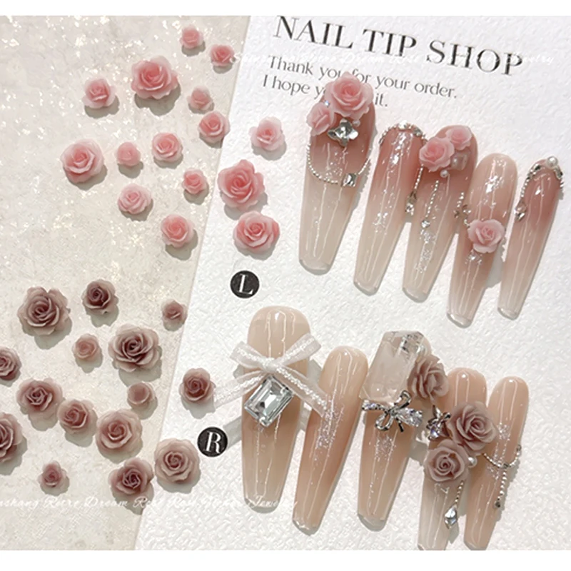6er-Set 3D Rosenblüten Nagelkunst-Charms, glänzende, flache Harz-Strass-Nageldekorationen, DIY-Maniküre-Zubehör für Nageldesign – Detail 5