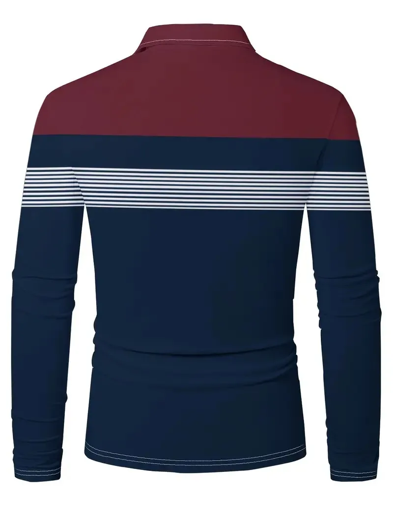 Men’s long sleeve 3D striped breathable casual streetwear polo shirt 852