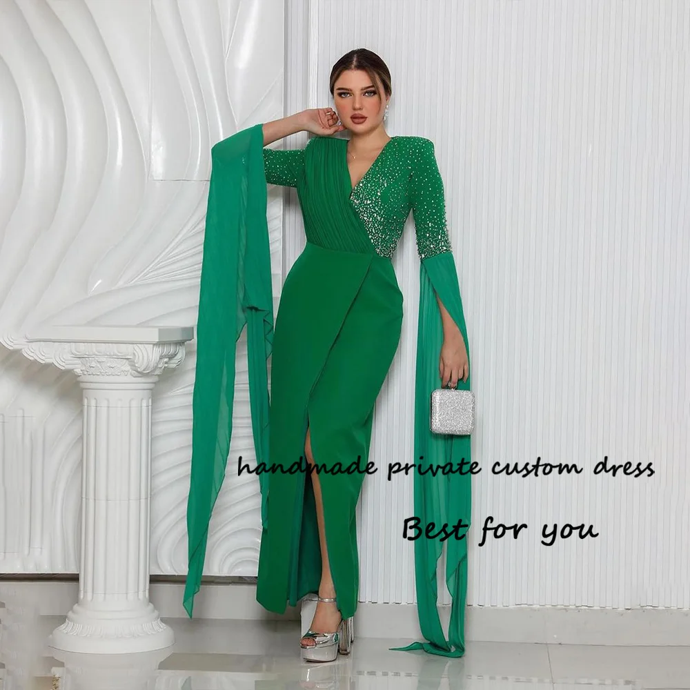 

Green Satin Mermaid Prom Dresses with Slit Cape Sleeve Pleats Beaded V Neck Evening Party Dress Floor Length Arabian Formal Gown