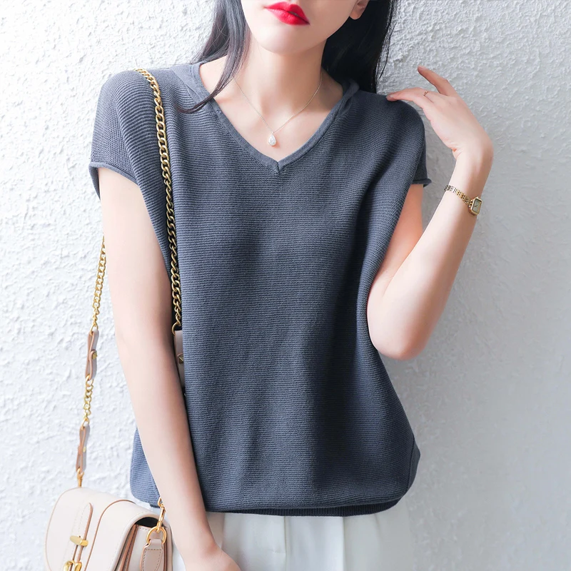 yellow sweater Spring and Autumn Women's Pure Cotton Knit Pullover Short Sleeve Cap Collar Loose and Soft Sweaters Sweaters