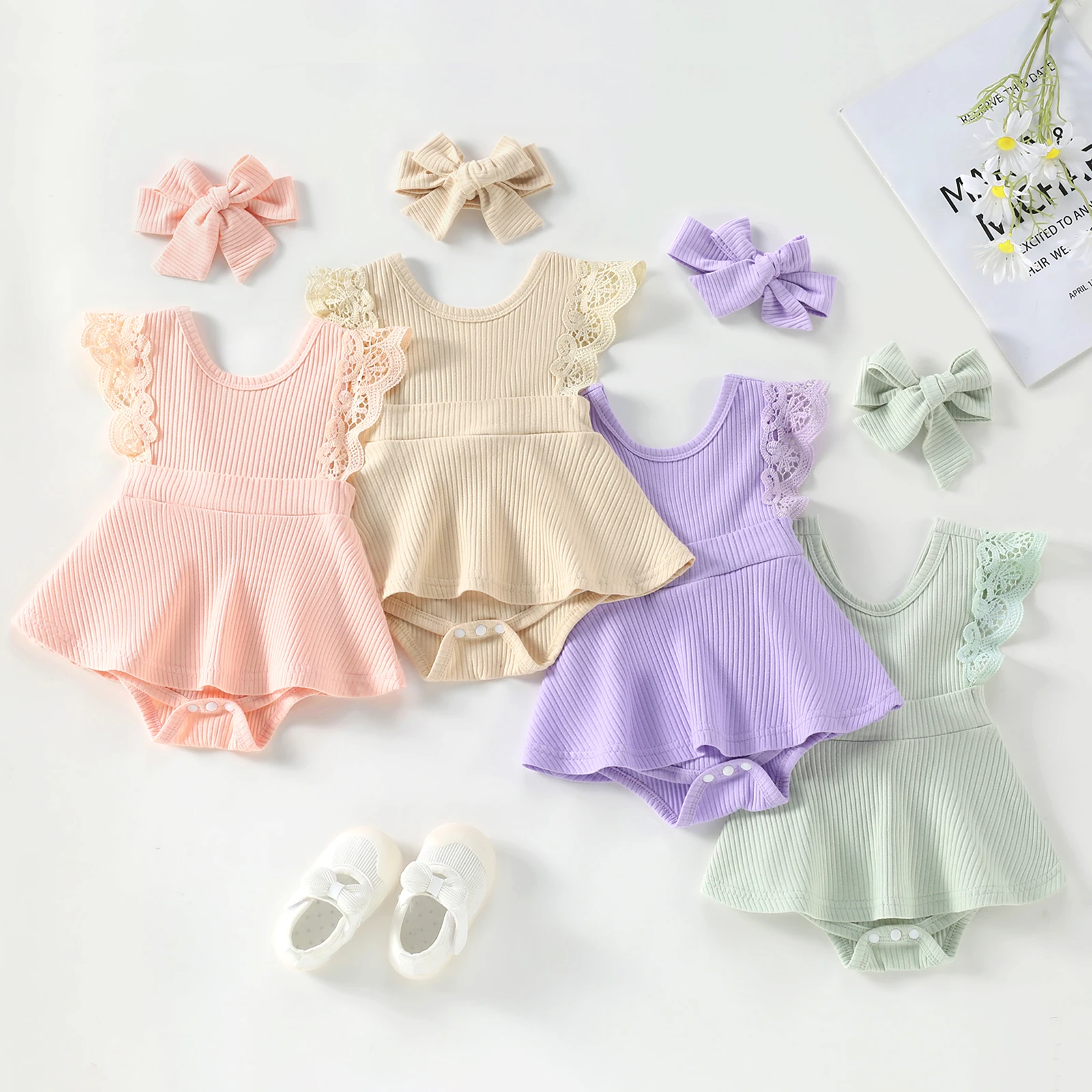 Newborn Infant Baby Girl Romper Outfits, Sleeveless Lace Patchwork Solid Color Dress Style Romper + Cute Headband Set baby bodysuit dress