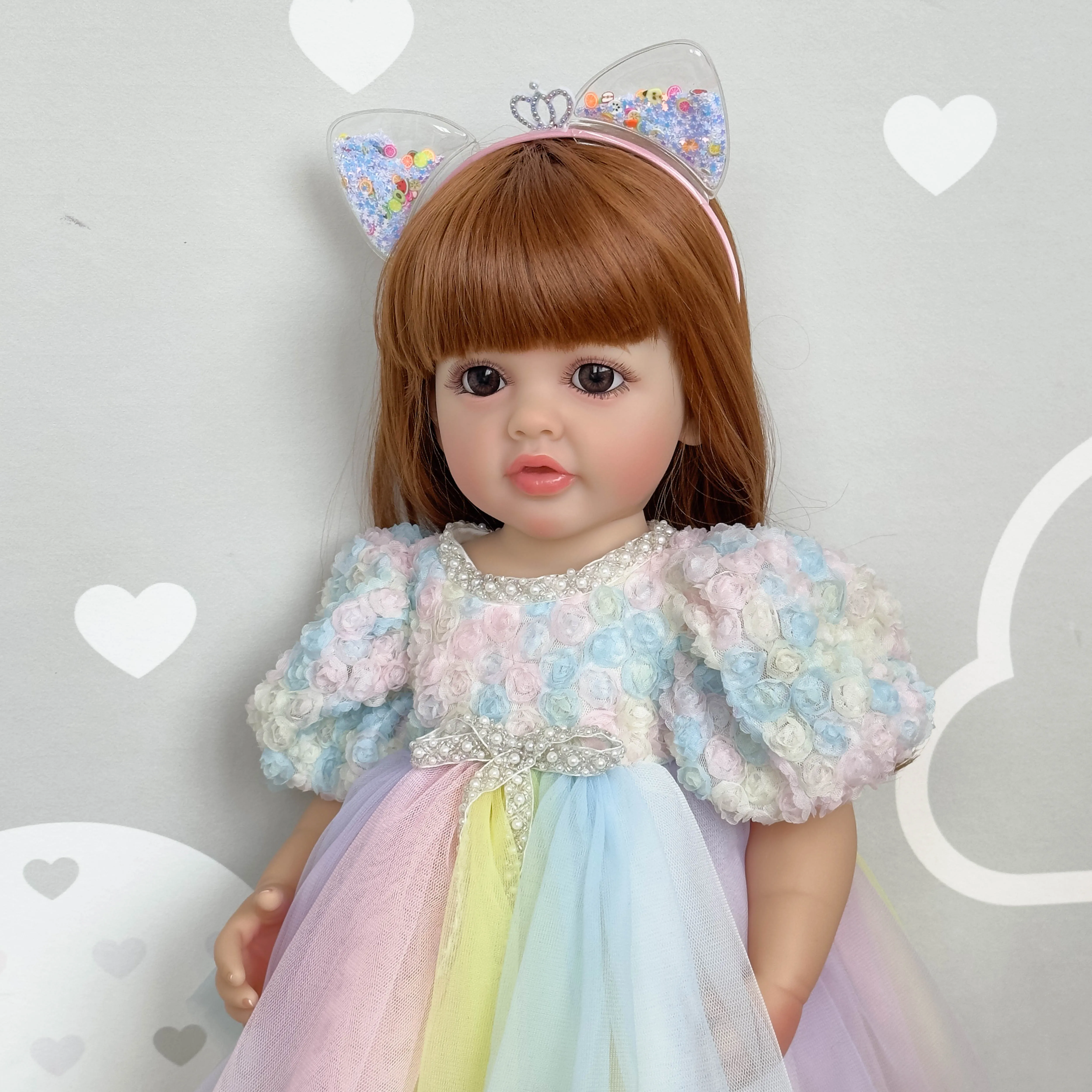 NPK 22inch Newborn Soft Silicone Vinyl Reborn Toddler Girl Doll Princess Betty with Long Brwon wig Hair 5