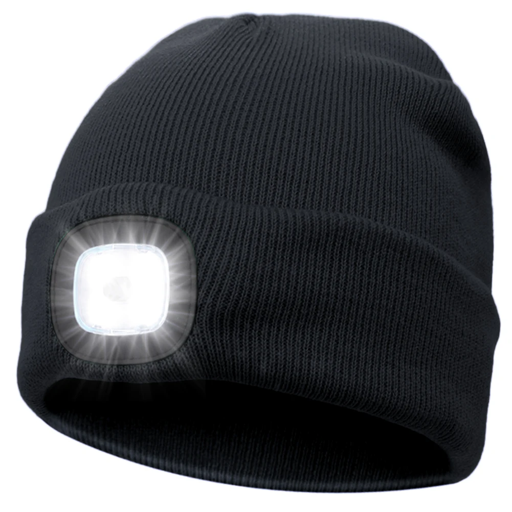 Head Flashlight USB Rechargeable Cap Light 3 Brightness Levels 4 LED Beanie Hat Hands Free Head Torch Gifts Dad Running Hiking