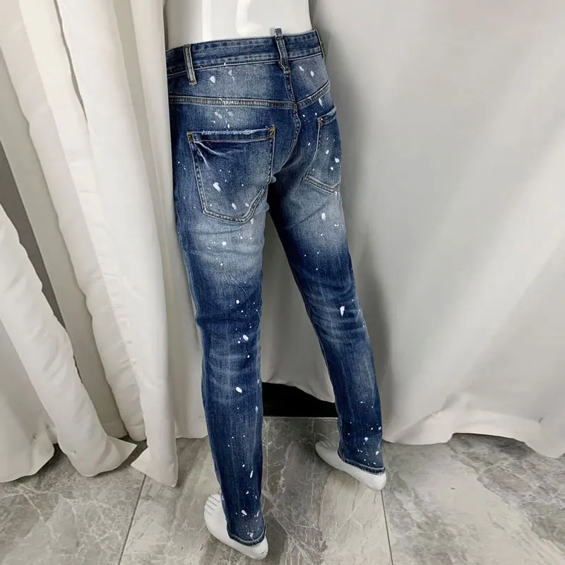 Newly Designer Fashion Men Jeans High Quality Retro Blue Stretch Slim Fit Ripped Jeans Men Painted Hip Hop Brand Pants Hombre