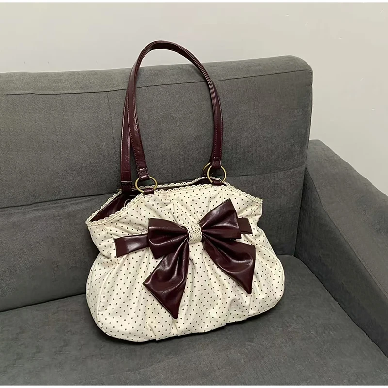 Vintage Polka Dot Bow Unterarm-Umhängetasche, japanische Retro-Damen-Einkaufstasche, Y2k-Lolita-Mädchen, leichte, mühelose, schicke Handtasche – Detail 10