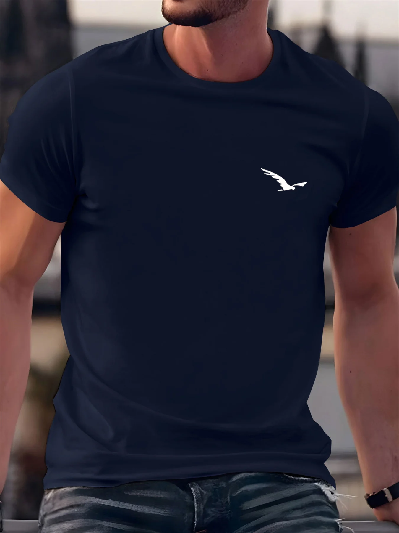 Herren-T-Shirt für den Sommer, 100 % Baumwolle, modisch, lässig, locker, sportlich, mit Vogelmuster, bedruckt, Rundhalsausschnitt, kurze Ärmel