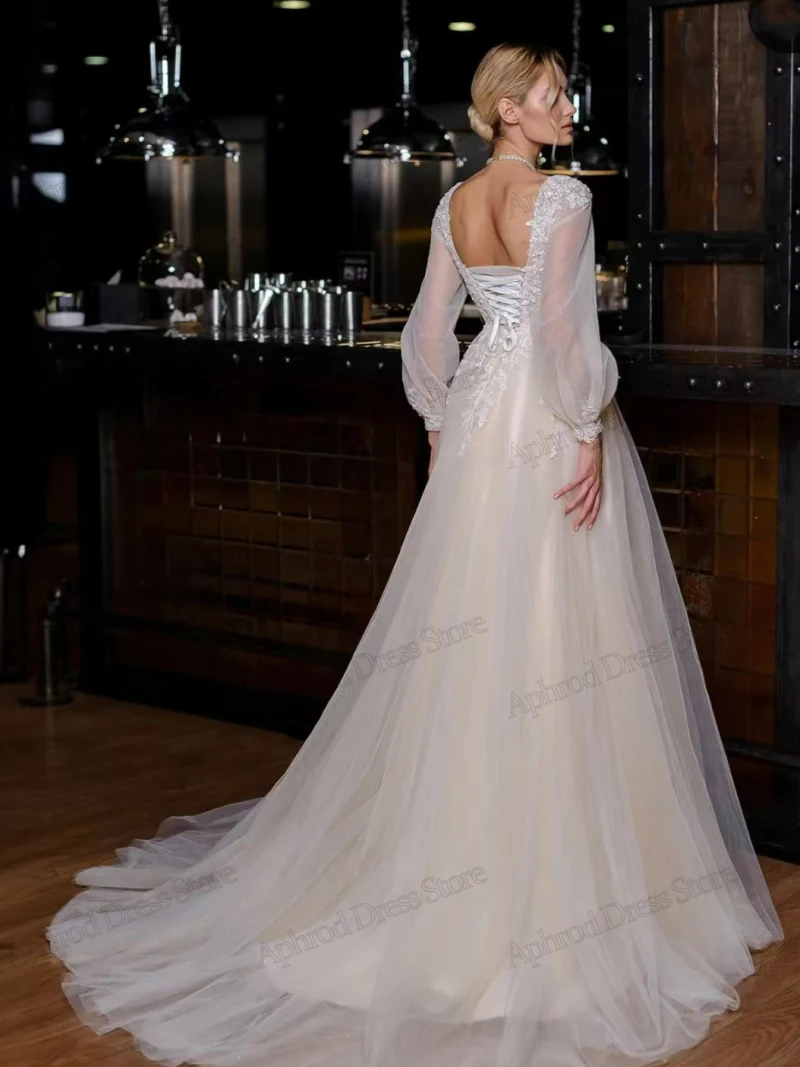 Vintage Wedding Dresses A-Line Tulle Tiered Bridal Gowns Lace Appliques Long Puff Sleeves Robes Vestidos De Novia Customized 3