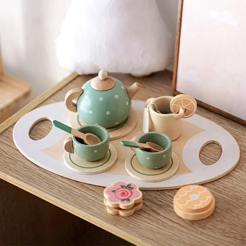 Wooden Tea Set Toys Pretend Play Kitchen Accessories for Kids Food Afternoon Tea Role Play Game for Toddlers Girls Boys Gifts 2
