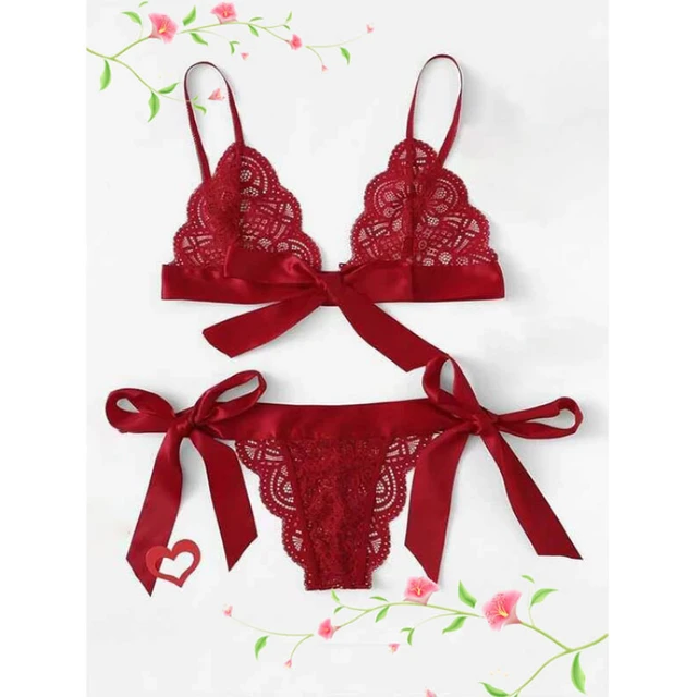 Red Floral Embroidered Lace Strapping Detail 3 Piece Lingerie Set