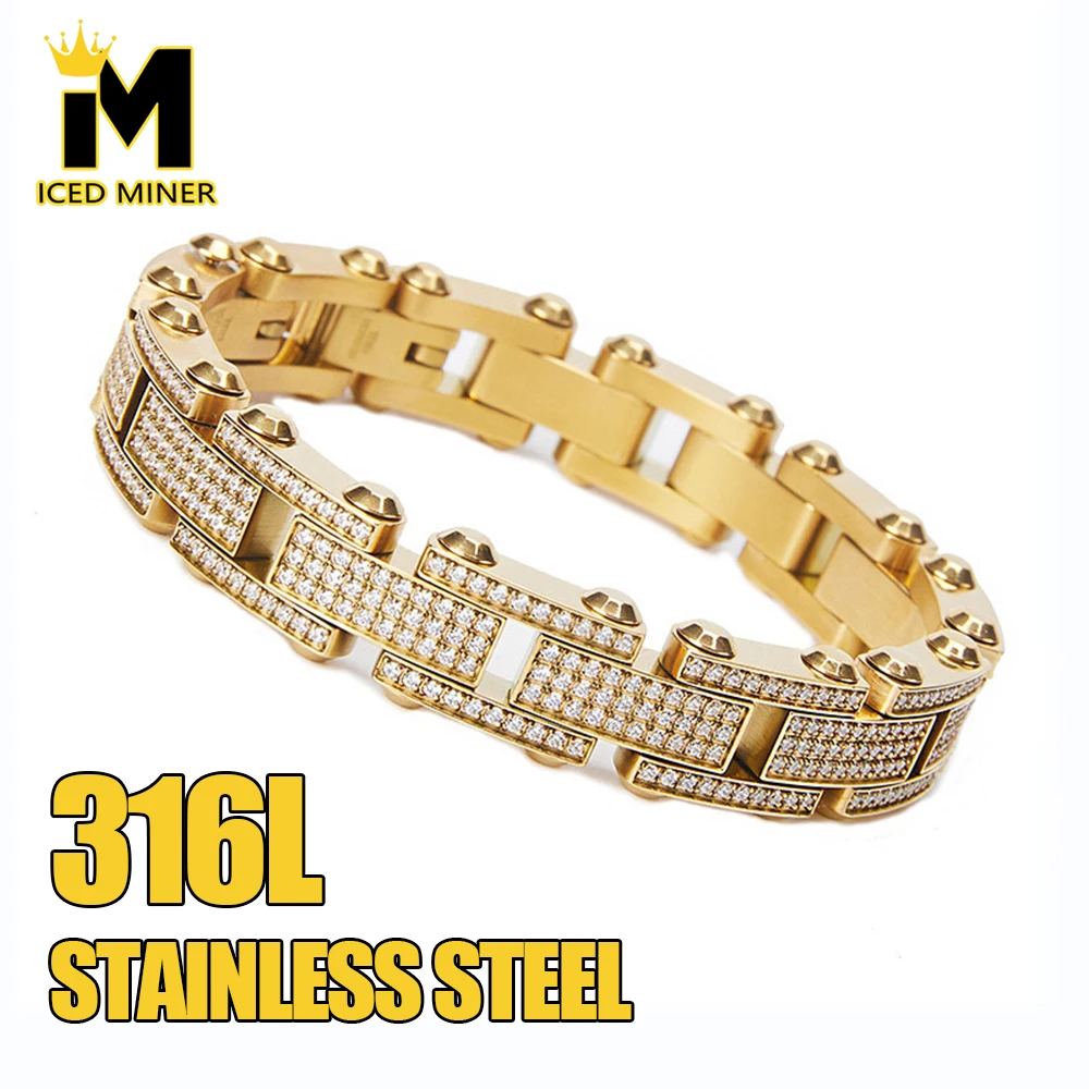 

13mm 316L Stainless Steel Watch Chain Bracelets For Men 5A Zircon Hip Hop No Fade Hand Chain Bangles Gothic Jewelry