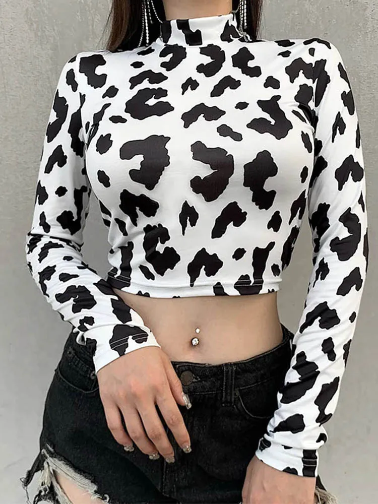 Sexy Women Milk Cow Pattern Print Crop Top Female Long Sleeve
