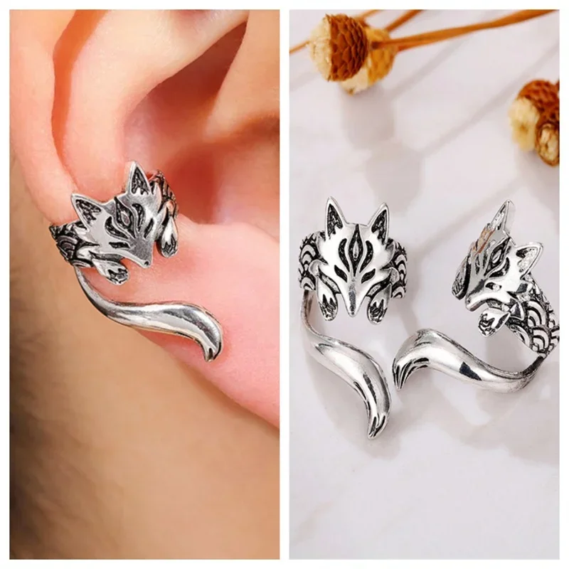 Fox Shape Clip Earrings for Women Antique Silver Color Ear Cuff