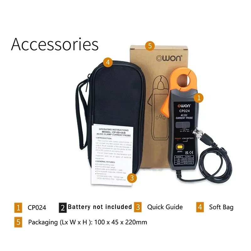 OWON CP024 DC AC Current Probe for Digital Storage Oscilloscope 4A to 400A Bandwidth 200kHz 23mm Jaw Three-Gear Current Clamp