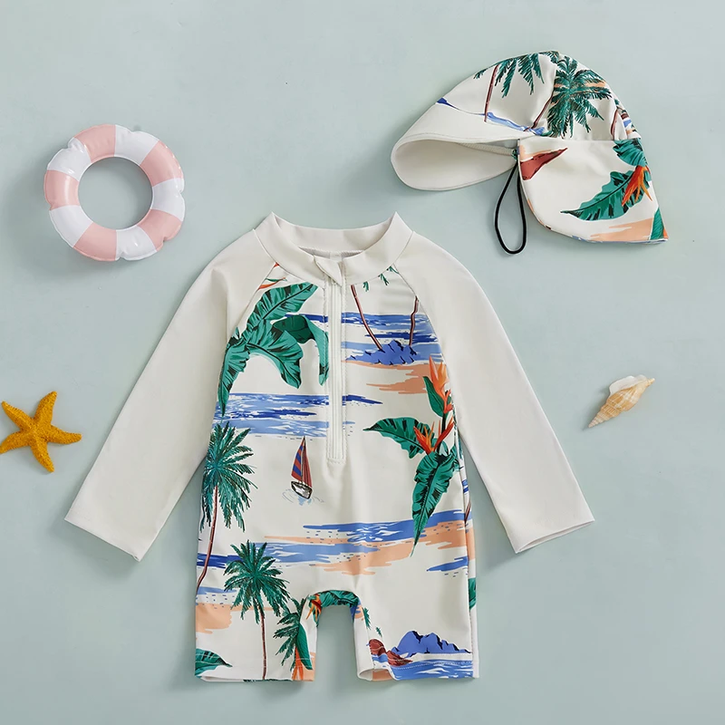 0-5Years Kids Boy Rash Guard Swimsuits Shark Print Long Sleeve Half Zip-up Bathing Suit with Sun Hat 2 Pcs Swimwear for Toddler 4