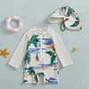 0-5Years Kids Boy Rash Guard Swimsuits Shark Print Long Sleeve Half Zip-up Bathing Suit with Sun Hat 2 Pcs Swimwear for Toddler 4