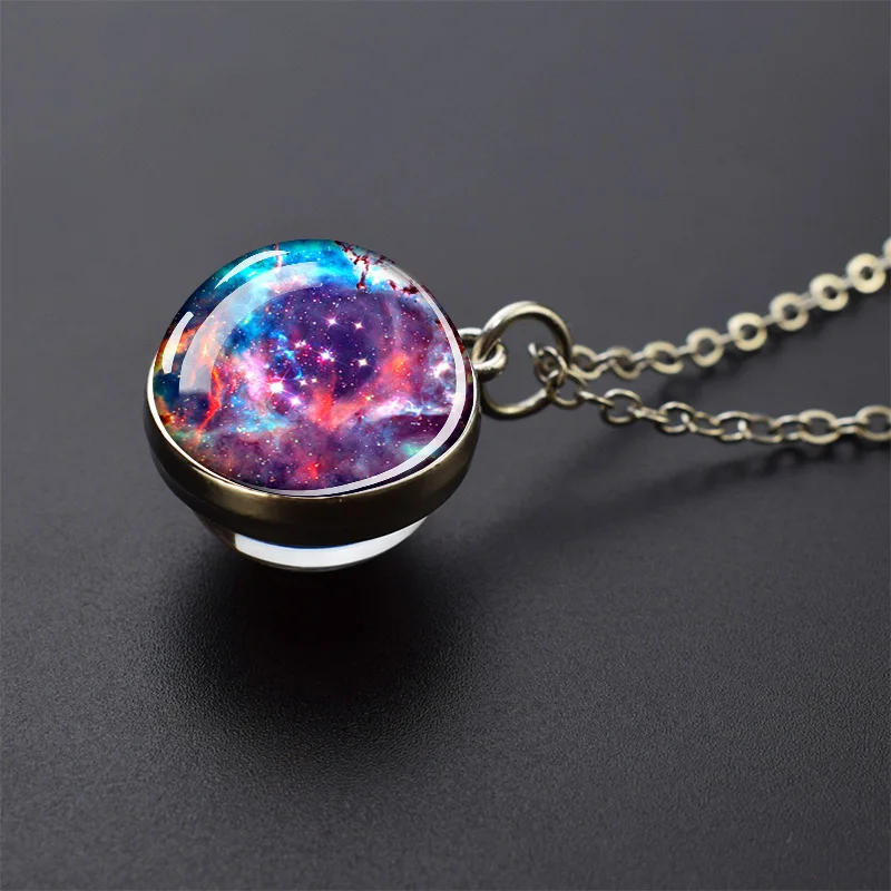 Celestial Galaxy Pendant Necklace – Double-Sided Glass Ball Astronomy Jewelry Gift
