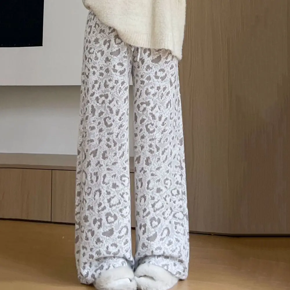 Fashion Plush Velvet Leopard Pants Thicken Warm Drawstring Wide Leg Pants Loose High Waist Casual Pants Women Female