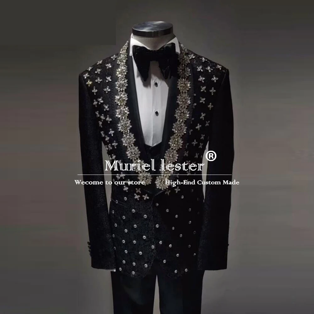 

Роскошные свадебные костюмы для мужчин, куртка с бисером и кристаллами, жилет и брюки, смокинги для жениха, индивидуальный костюм для свадьбы, 3 предмета