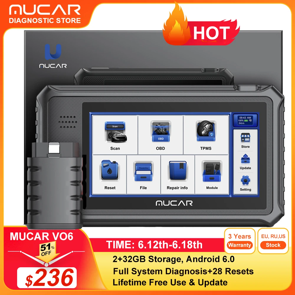 MUCAR VO6 Professional Auto OBD2 Scanner Full System Diagnose ECU Coding  Action Test Lifetime Free Update Car Diagnostic Tools