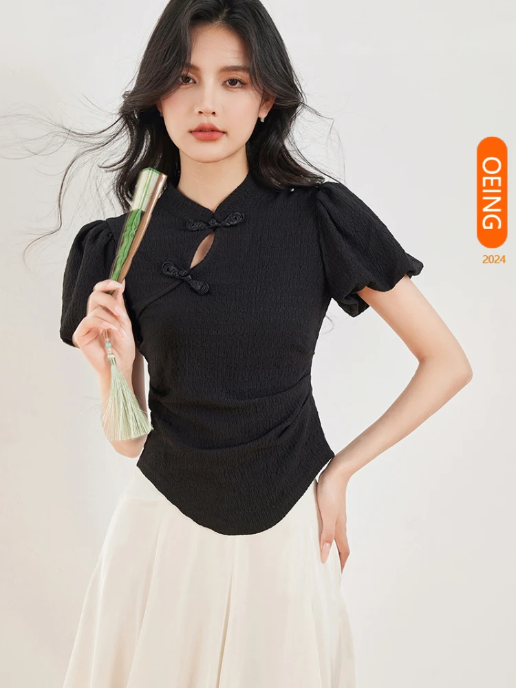

Рубашка женская с пышными короткими рукавами, топ в китайском стиле, повседневная пикантная элегантная облегающая блузка, Y2k, A3272, лето 2024