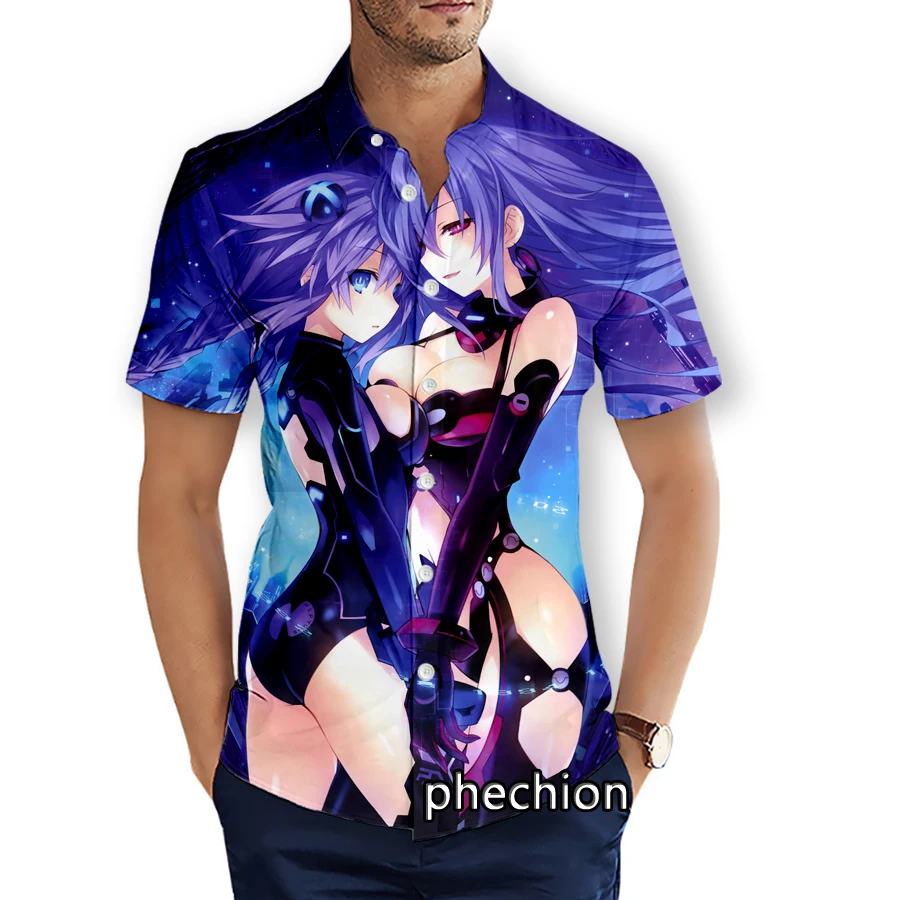 

phechion Summer Mens Short Sleeve Beach Shirts Hyperdimension Neptunia 3D Printed Casual Shirts Fashion Streetwear Men Tops X114