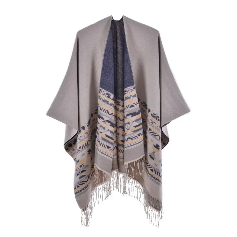 

New Women's Cashmere Split Shawl Warm Camping Bohemian Fringe Cloak Lengthened Thickened Cape