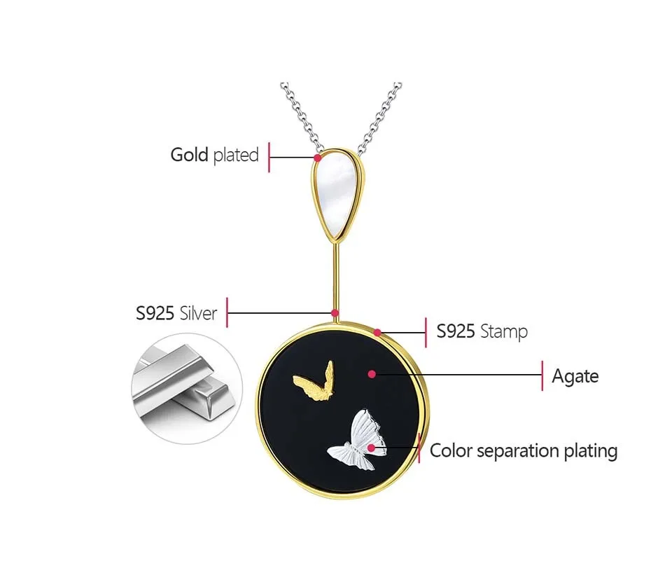 Silver Round Natural Agate Stone Butterfly Pendants and Necklaces