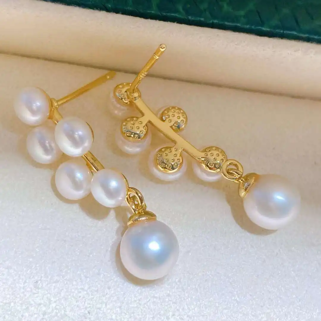 

Classic S925 Pure Silver Needle Grape Earrings Fresh Water Pearl Earrings 5-6 Mantou Pearl+6-7mm Round Bead Half Hole Natural