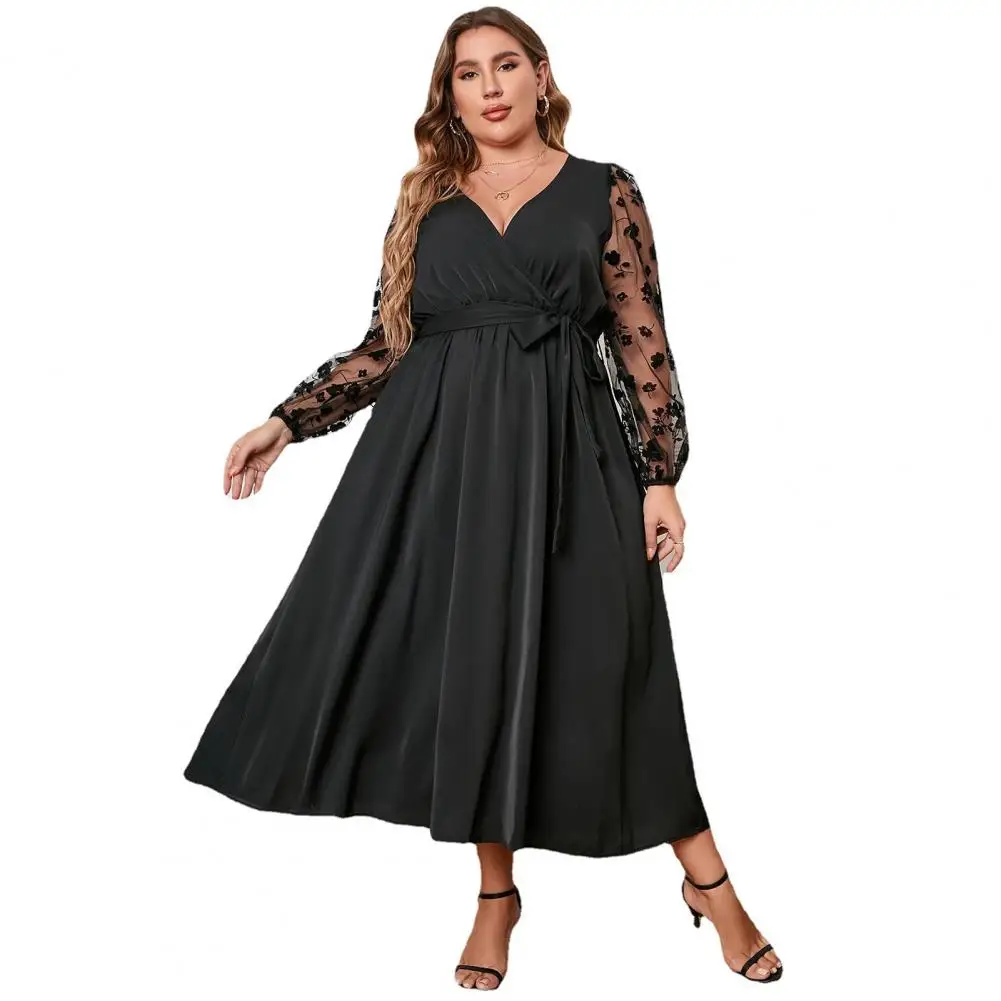 V-cut Dress Elegant V-neck Embroidered Lace Mesh Midi Dress with Long Sleeves Belt for Women High Waist Wrap Hem Plus Size