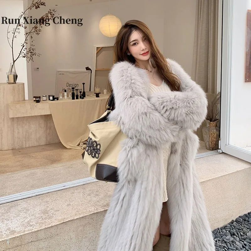 

RUN XIANG CHENG 2023 Winter New Imitation Fox Fur Long Fur Coat Women's Young Fur Coat Temperament Free Shipping Gray Off White