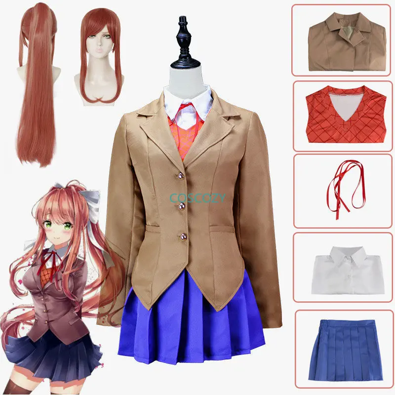Аниме Doki Literature Club Monika Косплей Sayori Yuri Natsuki Косплей Костюм Школьница Женская коричневая Форма юбка костюм