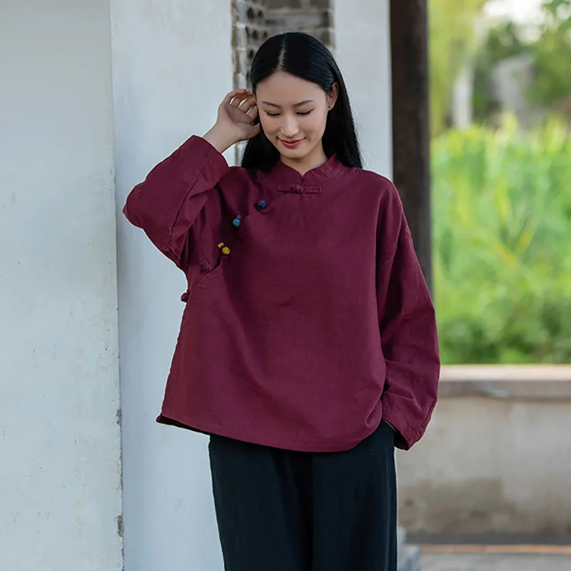 New Chinese Style Women's Tang Suit Traditional Clothes Ethnic Long Sleeve Vintage Top Hanfu Ladies Linen Clothing For Women 2XL
