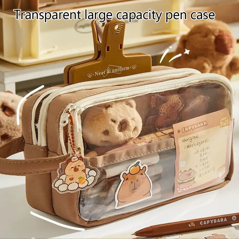 Pencil cases cute capybara pencil case pins and plush stickers and memo pad clear aesthetic pencil bags school supplies