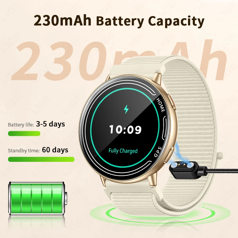 LIGE GPS Smart Watch Heart Rate Monitoring Bluetooth Call Outdoor Sports 1ATM Waterproof 1.39 Inch Screen Men Woman Smartwatch