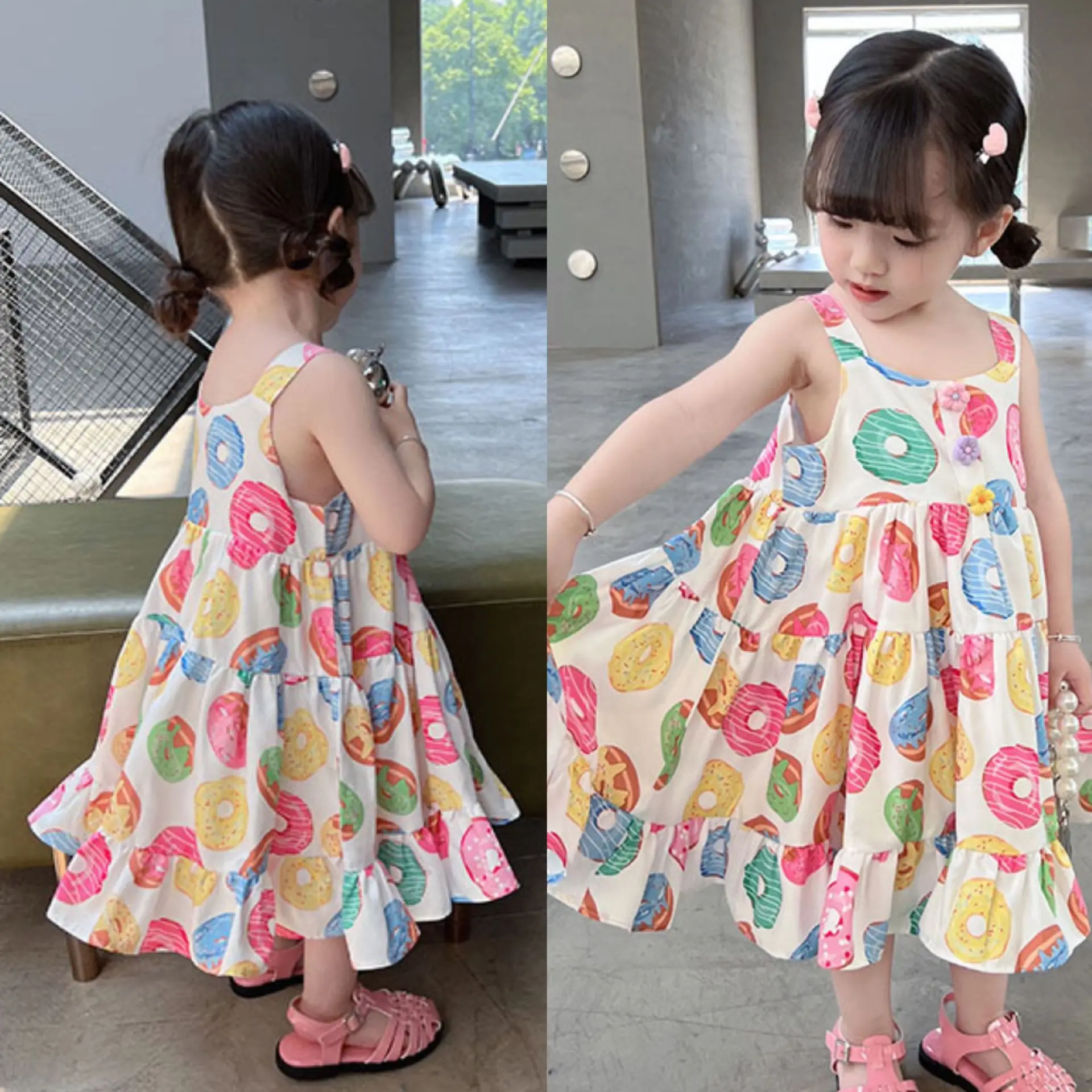 

2023 Summer Girls Sweet Print Beach Sleeveless Dress