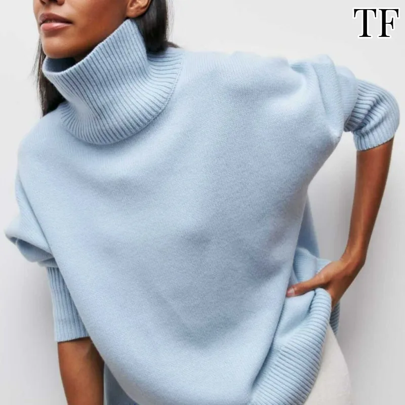 

European Solid Turtleneck Sweater Women Loose Casual Knitted Sweaters Pullovers Female Knitwear Warm Sweater Autumn Soft Jumper